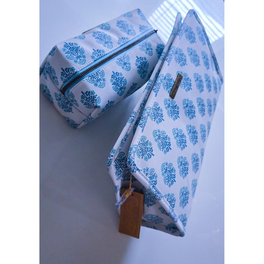 Revive Vintage Travel Cosmetic Bag Set Blue Floral Makeup Organizer Pouch